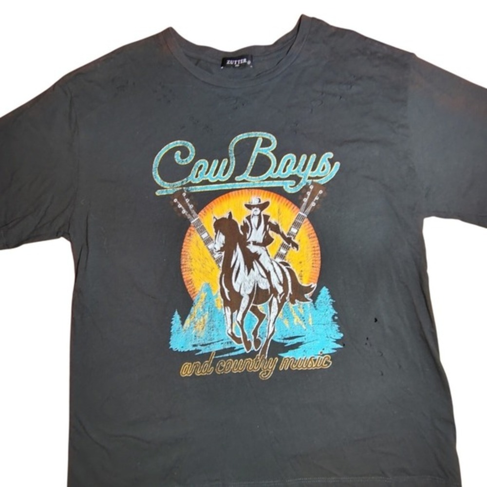 ZUTTER Cowboys‎ Country Music Graphic T Shirt Distressed Holes Gray Mens M